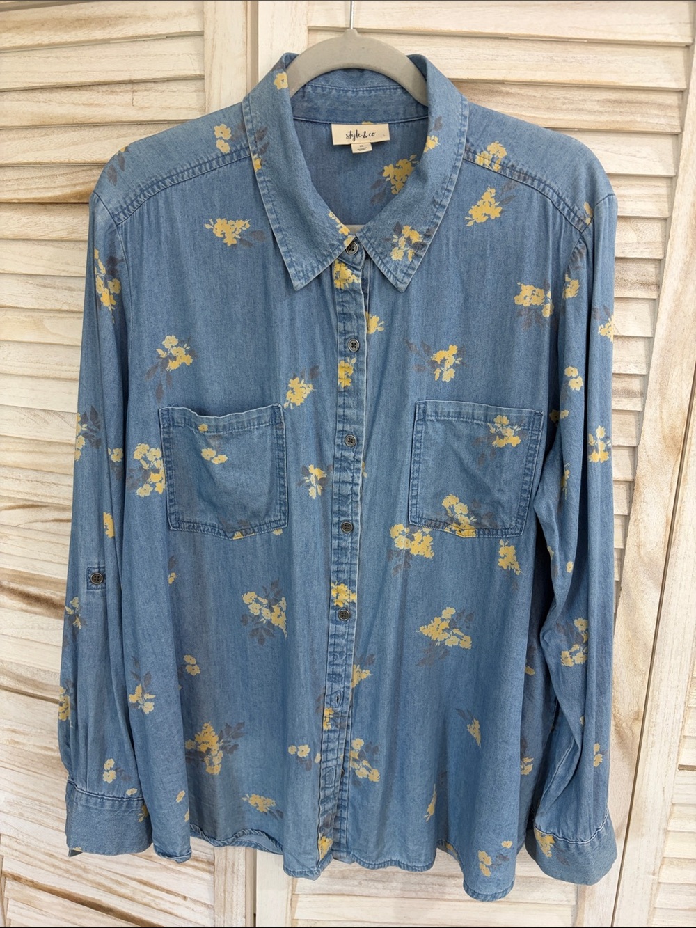Style & Co. Light Blue Denim Button-Down Shirt with Yellow Floral Print
